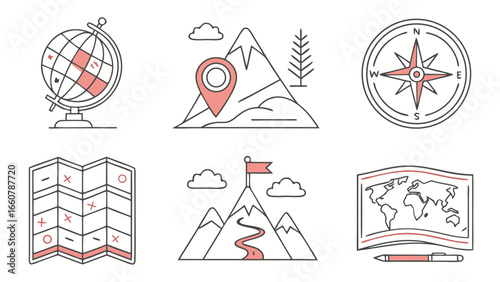 Collection of travel and adventure icons including a globe mountain with pin compass map and mountain summit with flag