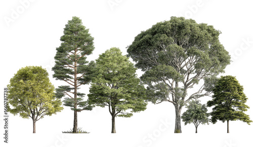 A row of diverse trees against a black background.  Different shapes and shades of green foliage.  Tall and varied