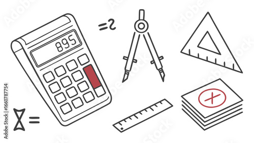A collection of hand drawn math and geometry tools including a calculator compass ruler triangle ruler and papers with a red cross mark symbolizing incorrect answers or failure