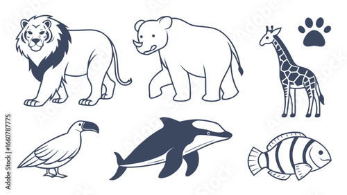 Collection of stylized cartoon line art illustrations of various animals including a lion rhinoceros giraffe toucan killer whale and fish with a paw print