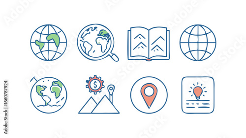 Collection of stylized icons representing global concepts like exploration research education finance location and innovative ideas presented on a black background