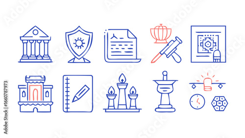 A collection of stylized line art icons representing various concepts including a courthouse shield document trophy blueprint castle notebook candles hourglass and lightbulb on a black background
