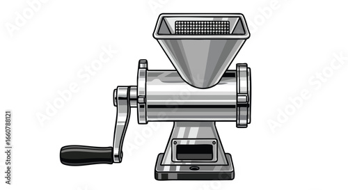 Retro manual meat grinder illustration with polished metal finish and intricate mesh design in the hopper showcasing vintage kitchen tool style