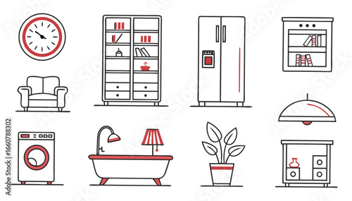 Collection of stylized line art icons representing various household furniture and appliances in black and red against a white background