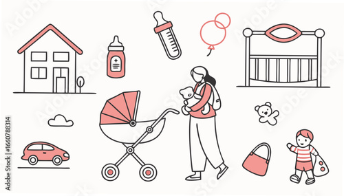 A mother carrying her baby in a sling walks with a stroller past a house car crib and baby items symbolizing family life and childcare
