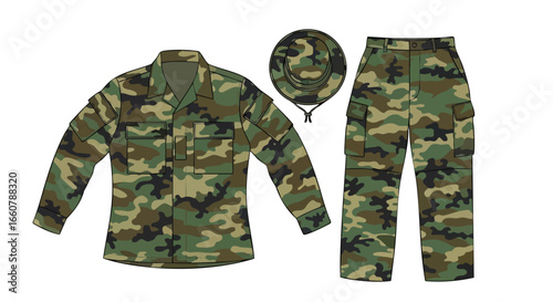 Detailed technical illustration of a full military uniform comprising jacket pants and bush hat in green brown and black camouflage pattern