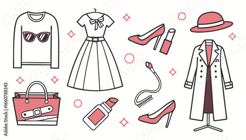 A collection of stylish fashion items including a sweater with sunglasses a dress on a hanger high heels lipstick a handbag a hat and a coat on a mannequin