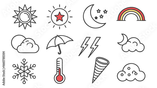 Collection of hand drawn weather icons featuring sun moon clouds rainbow snowflake umbrella lightning thermometer and tornado for forecasting and meteorology