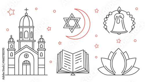 Collection of religious symbols including a christian church star of david with crescent moon rosary with bell open book and lotus flower representing diverse faiths and spirituality