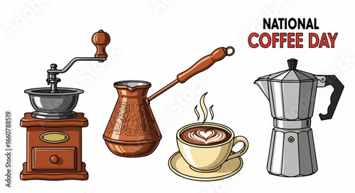 Celebrate National Coffee Day with brewing tools and a steaming latte art cup