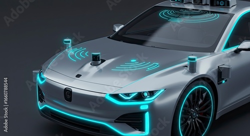 Futuristic Silver Car with Glowing Blue Sensors and Accents on Dark Background