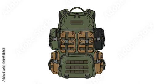 Detailed Tactical Backpack Illustration with Multiple Pouches and Molle Webbing Design Depiction