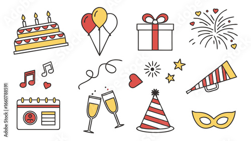 A festive collection of celebration icons including a birthday cake balloons gift box fireworks music notes confetti champagne glasses party hat and masquerade mask