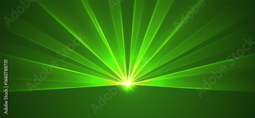 Green lasers background., glowing rays or neon beams, bright futuristic backdrop. Concert or nightclub spotlights. Vector illustration.