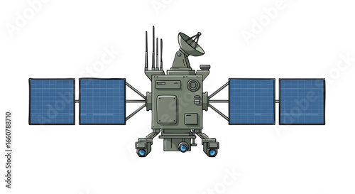 Illustration depicting a futuristic satellite with solar panels and antenna floating in space viewed from the front