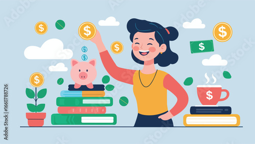 Smiling woman saving money with piggy bank and coins, financial investment concept