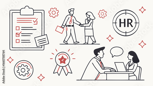 Human resources professionals collaborate on employee onboarding and talent acquisition with a checklist handshake and interview process