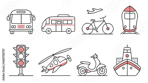 Collection of stylized line art icons representing various modes of transportation and traffic signals in a clean modern design with red accents