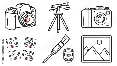 Collection of hand drawn icons representing photography equipment including cameras tripod lenses photo prints and a landscape image