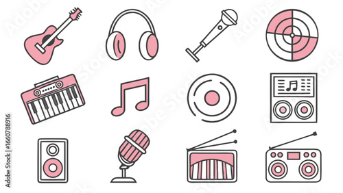 A charming collection of musical instrument icons and audio equipment symbols in a soft pink and black color palette perfect for creative projects