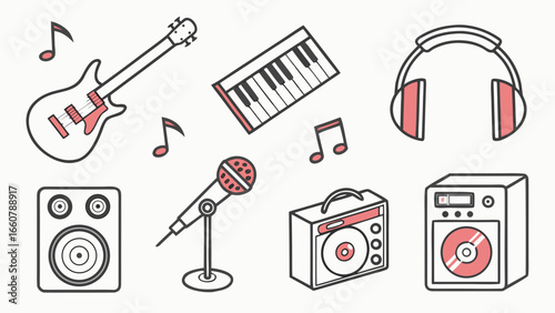 Collection of musical instruments and audio equipment including a guitar keyboard headphones microphone speakers and amplifiers with musical notes scattered around