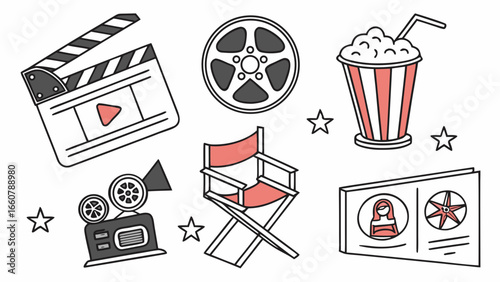 Collection of stylized movie industry icons including a clapperboard film reel popcorn drink director s chair vintage camera and movie poster with stars