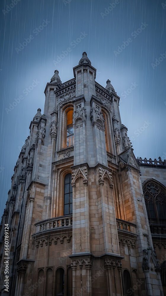 Fototapeta premium Vertical Mobile Wallpaper of Ancient Gothic Cathedral Facade with Dramatic Lighting, Majestic Realistic Architecture