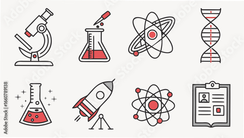 Collection of science and technology icons featuring a microscope laboratory flask with pipette atomic model dna helix rocket and clipboard with profile