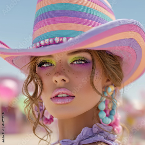 A glitter-covered woman wears a striped pink-and-blue cowboy hat with bold yellow eyeshadow, dramatic lashes, and matching hoop earrings, blending sparkle, western style, and artistic glam.