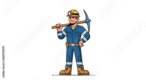 Cartoon miner with a pickaxe on his shoulder, ready for work, isolated on a white background, illustration full body depiction