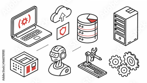Modern technology and automation concepts illustrated with isometric icons including a laptop cloud computing database server robot and industrial machinery