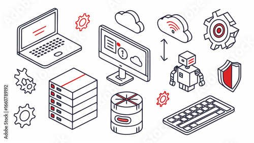 Isometric digital technology icons including a laptop computer server stack cloud computing robot security shield keyboard and gears symbolizing data processing and automation