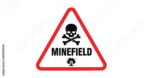 Minefield hazard sign with skull and crossbones warning, red triangle border cautioning of explosive dangers in the area