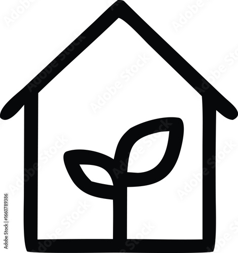 Simple line art icon of a house with a growing plant inside symbolizing homegrown sustainable living and greenery