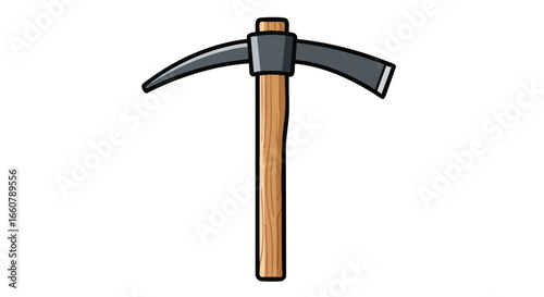 Cartoon depiction of a pickaxe tool with a wooden handle isolated against a plain background ready for resource extraction