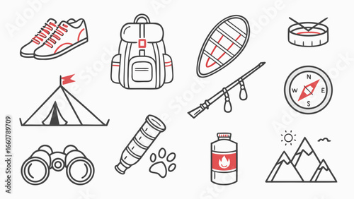 A collection of outdoor adventure and camping icons including shoes backpack tent binoculars compass water bottle mountains and more on a white background