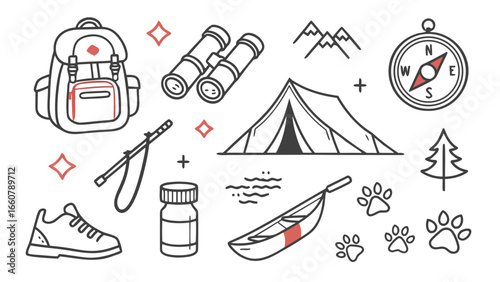 Collection of outdoor adventure and camping gear including a backpack binoculars tent compass hiking stick shoes medicine canoe paw prints mountains and a tree