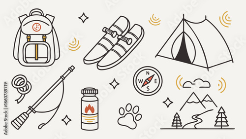 Collection of outdoor adventure and camping essentials including backpack tent compass snowshoes fishing rod and mountain landscape illustration