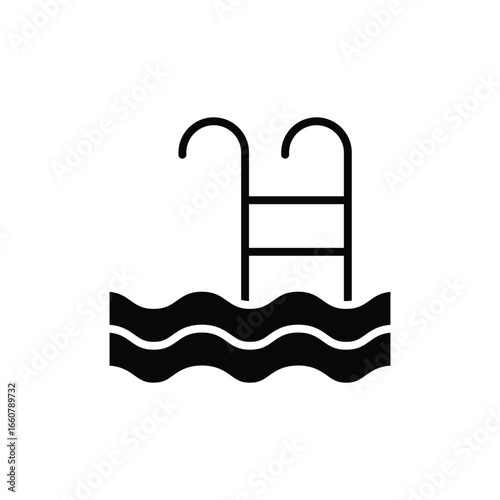 Ladder in swimming pool icon. Simple solid style. Olympic, poolside, leisure, beach, water, summer, wave, hotel, poolside access concept. Silhouette, glyph symbol. Vector isolated design