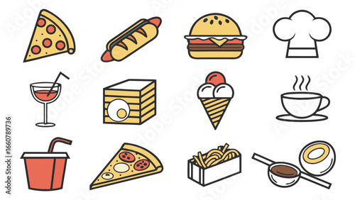 A vibrant collection of popular fast food and drink icons including pizza slices hot dogs burgers chef hats drinks ice cream cones coffee cups and french fries