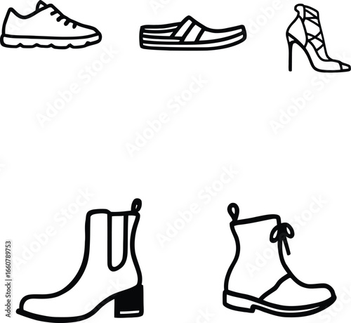 Footwear Silhouettes: Minimalist Vector Set Featuring Sneakers, Slip-Ons, Heels, and Boots for Fashion, Utility, and Lifestyle Themes