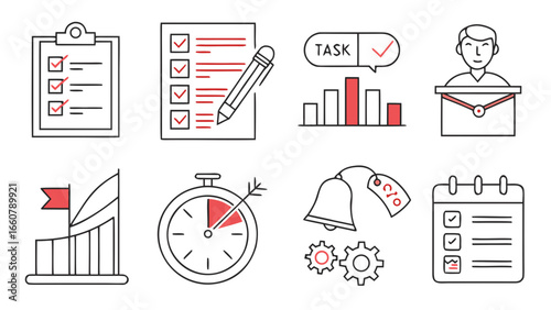 Collection of eight simple line art icons representing business concepts like task management goal achievement time tracking and performance metrics