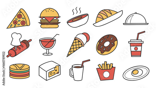 A colorful collection of popular fast food and snack icons including pizza slice hamburger hot dog ice cream cone donut french fries and drinks
