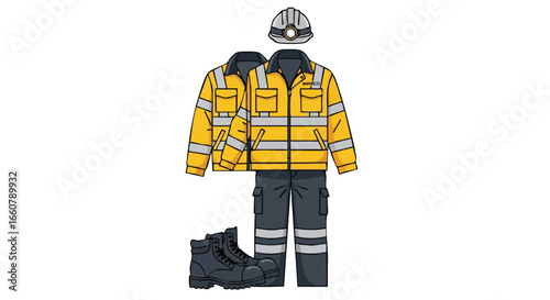 Illustrative depiction showcasing work apparel, embodying safety with high-visibility clothing and protective equipment for demanding industries and