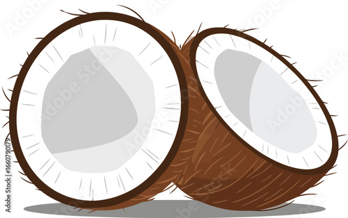 Two halves of a coconut, showing the white flesh inside, with brown husk.
