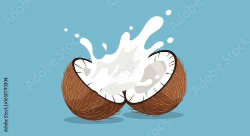 Fresh coconut halves with creamy milk splashing outwards.
