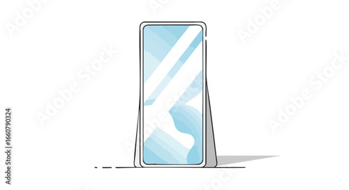 A modern standing mirror, sketched in a minimalist and cartoon style, creating a calming and reflective atmosphere within a contemporary space