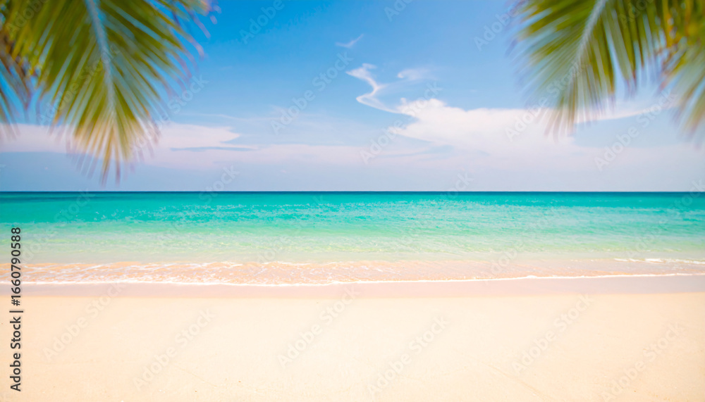 Fototapeta premium Scenic View Of Empty Tropical beach and palm trees Against Blue Sky .