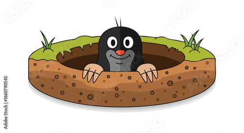 Cartoon mole emerging from a burrow with greenery on top of the soil surface viewed from the front, isolated on white, creating a whimsical and