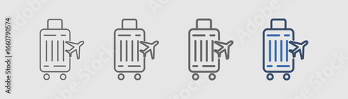 
outline icon set willing to travel with suitcase and airplane design